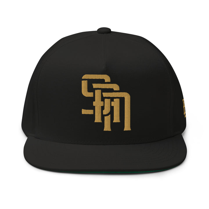 "SAN" Flat Bill Cap | E Luna Brand ESSENTIAL | 2 Old Gold Thread Logos | 3D Puff Edition