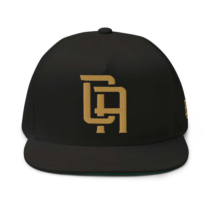 "CA" Flat Bill Cap | E Luna Brand ESSENTIAL | 2 Old Gold Thread Logos | 3D Puff Edition