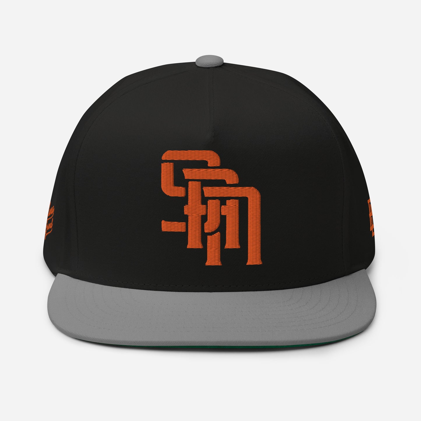 "SAN" Flat Bill Cap | Yupoong 6007 | E Luna Brand PREMIUM Quadcrest 4 Orange Thread Logos: Front, Left, Right Signature & Back [3D Puff Edition]