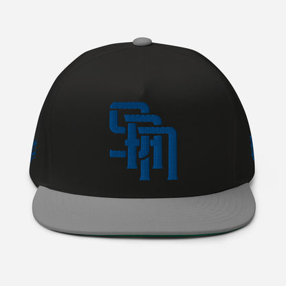 "SAN" Flat Bill Cap | Yupoong 6007 | E Luna Brand PREMIUM Quadcrest 4 Royal Thread Logos: Front, Left, Right Signature & Back [3D Puff Edition]