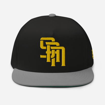 "SAN" Flat Bill Cap | Yupoong 6007 | E Luna Brand SELECT Tricrest 3 Gold Thread Logos: Front, Left & Back [3D Puff Edition]