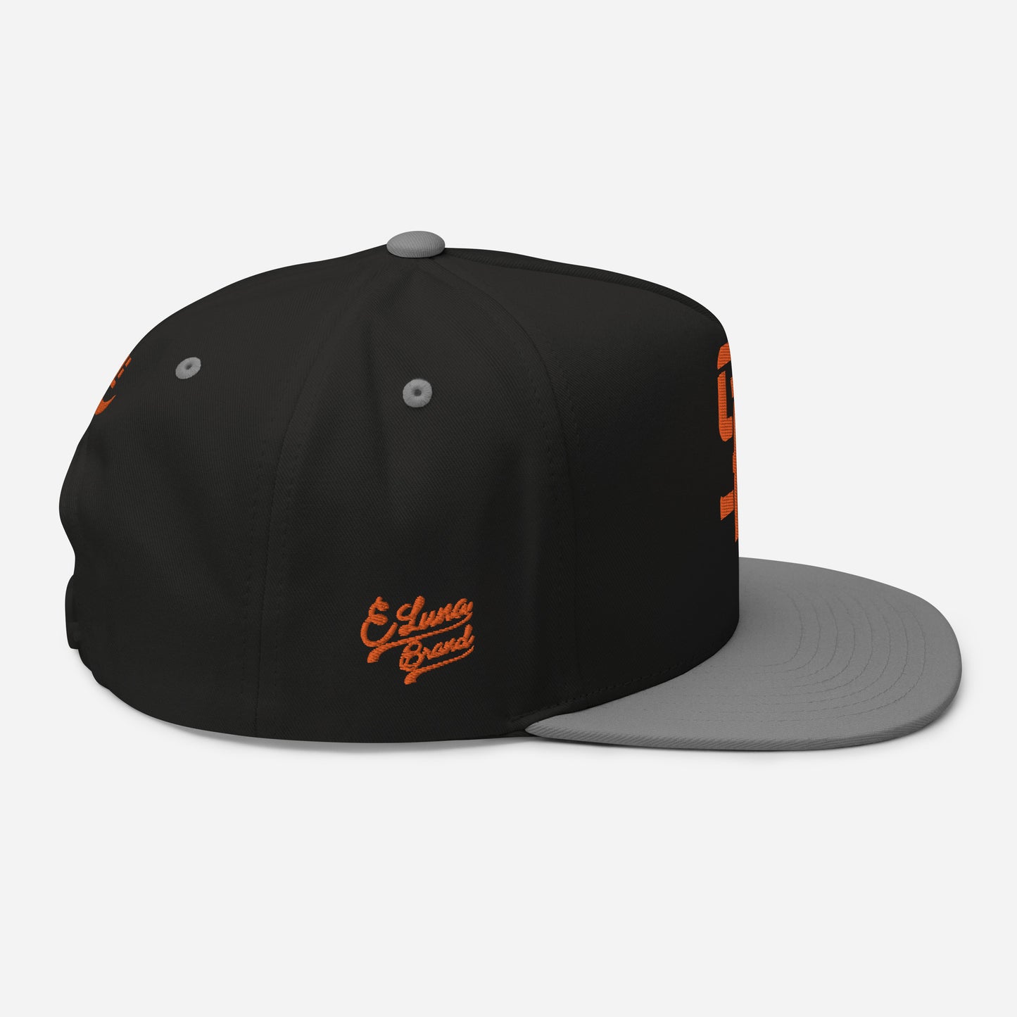 "SAN" Flat Bill Cap | Yupoong 6007 | E Luna Brand PREMIUM Quadcrest 4 Orange Thread Logos: Front, Left, Right Signature & Back [3D Puff Edition]