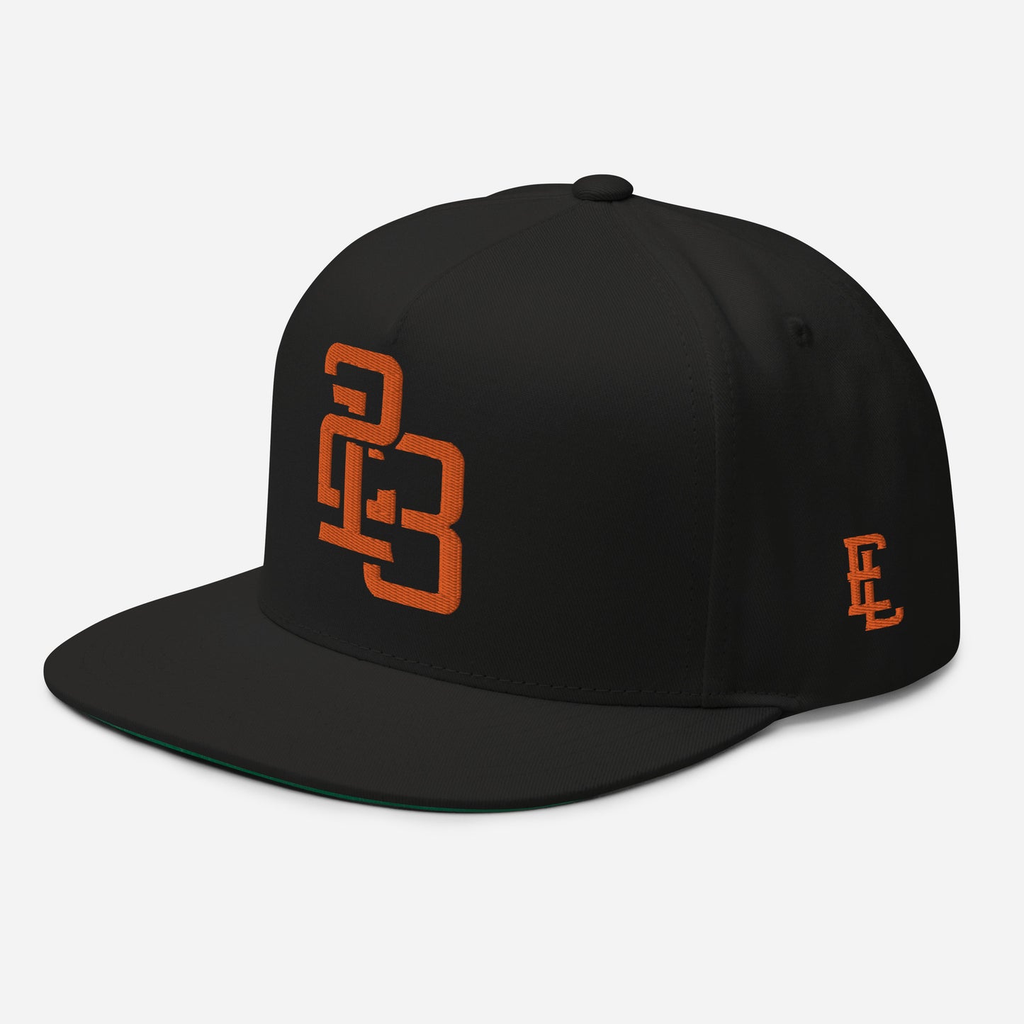 "213" Flat Bill Cap | Yupoong 6007 | E Luna SELECT Tricrest 3 Orange Thread Front, Left Side & Back Logos