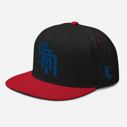 "SAN" Flat Bill Cap | Yupoong 6007 | E Luna Brand PREMIUM Quadcrest 4 Royal Thread Logos: Front, Left, Right Signature & Back [3D Puff Edition]