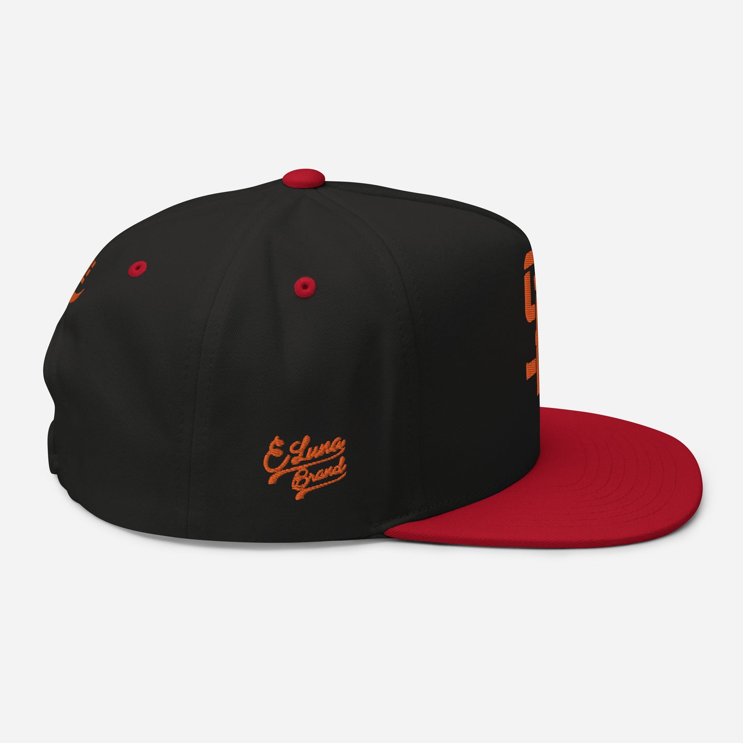 "SAN" Flat Bill Cap | Yupoong 6007 | E Luna Brand PREMIUM Quadcrest 4 Orange Thread Logos: Front, Left, Right Signature & Back [3D Puff Edition]