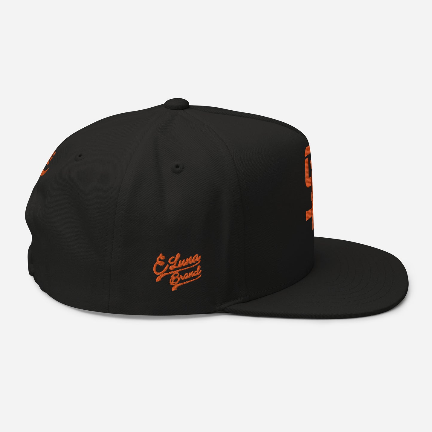 "SAN" Flat Bill Cap | Yupoong 6007 | E Luna Brand PREMIUM Quadcrest 4 Orange Thread Logos: Front, Left, Right Signature & Back [3D Puff Edition]