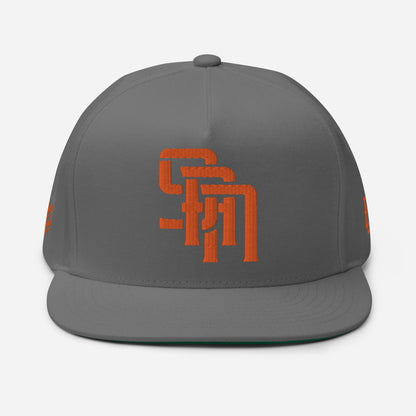 "SAN" Flat Bill Cap | Yupoong 6007 | E Luna Brand PREMIUM Quadcrest 4 Orange Thread Logos: Front, Left, Right Signature & Back [3D Puff Edition]