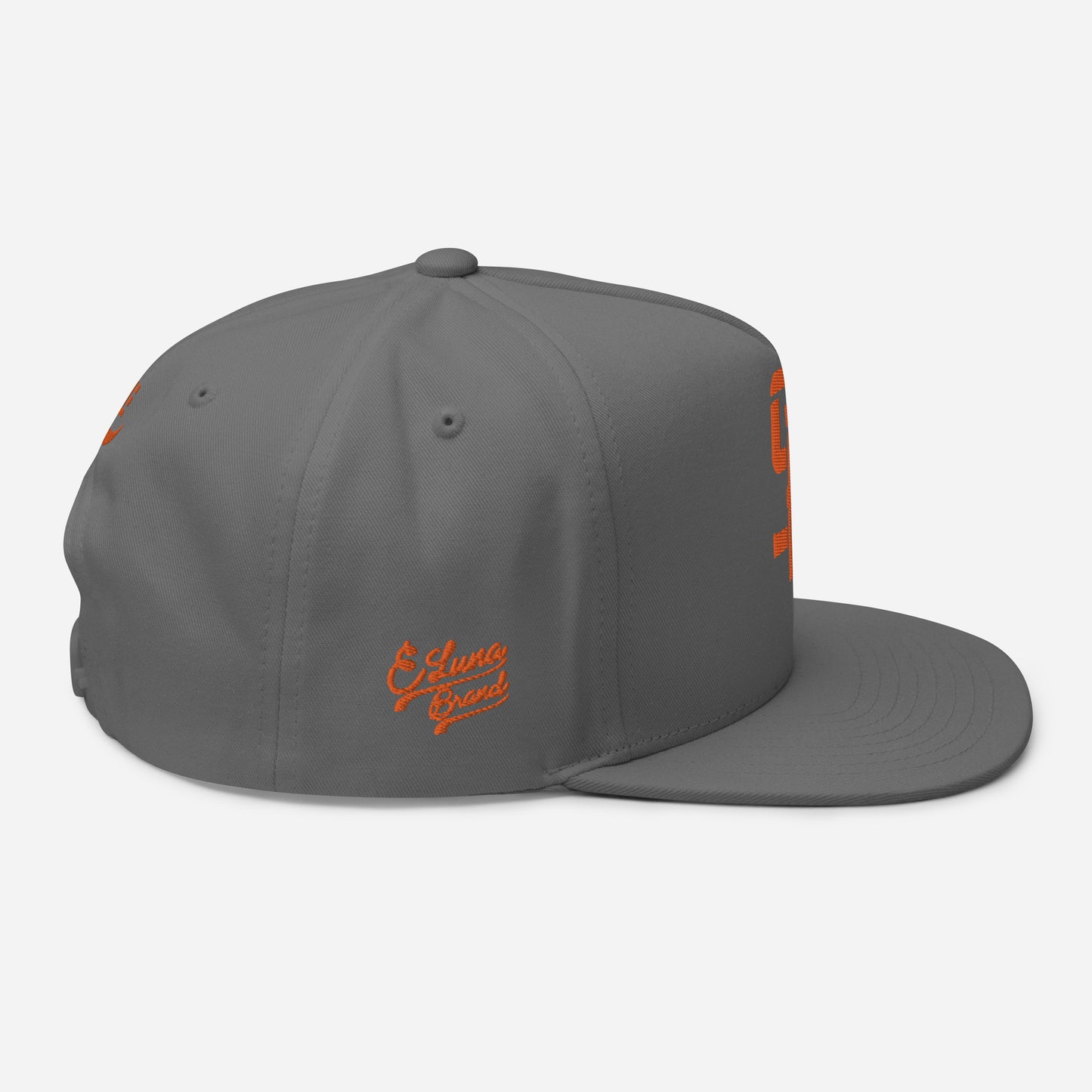 "SAN" Flat Bill Cap | Yupoong 6007 | E Luna Brand PREMIUM Quadcrest 4 Orange Thread Logos: Front, Left, Right Signature & Back [3D Puff Edition]