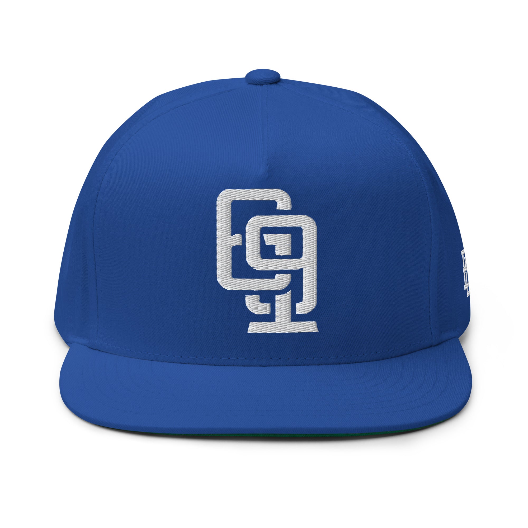 Royal blue E Luna Brand flat bill cap with Signature Logo embroidery