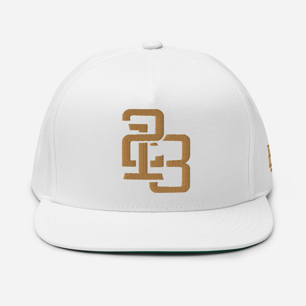 "213" Flat Bill Cap | Yupoong 6007 | E Luna SELECT Tricrest 3 Old Gold Thread Front, Left Side & Back Logos
