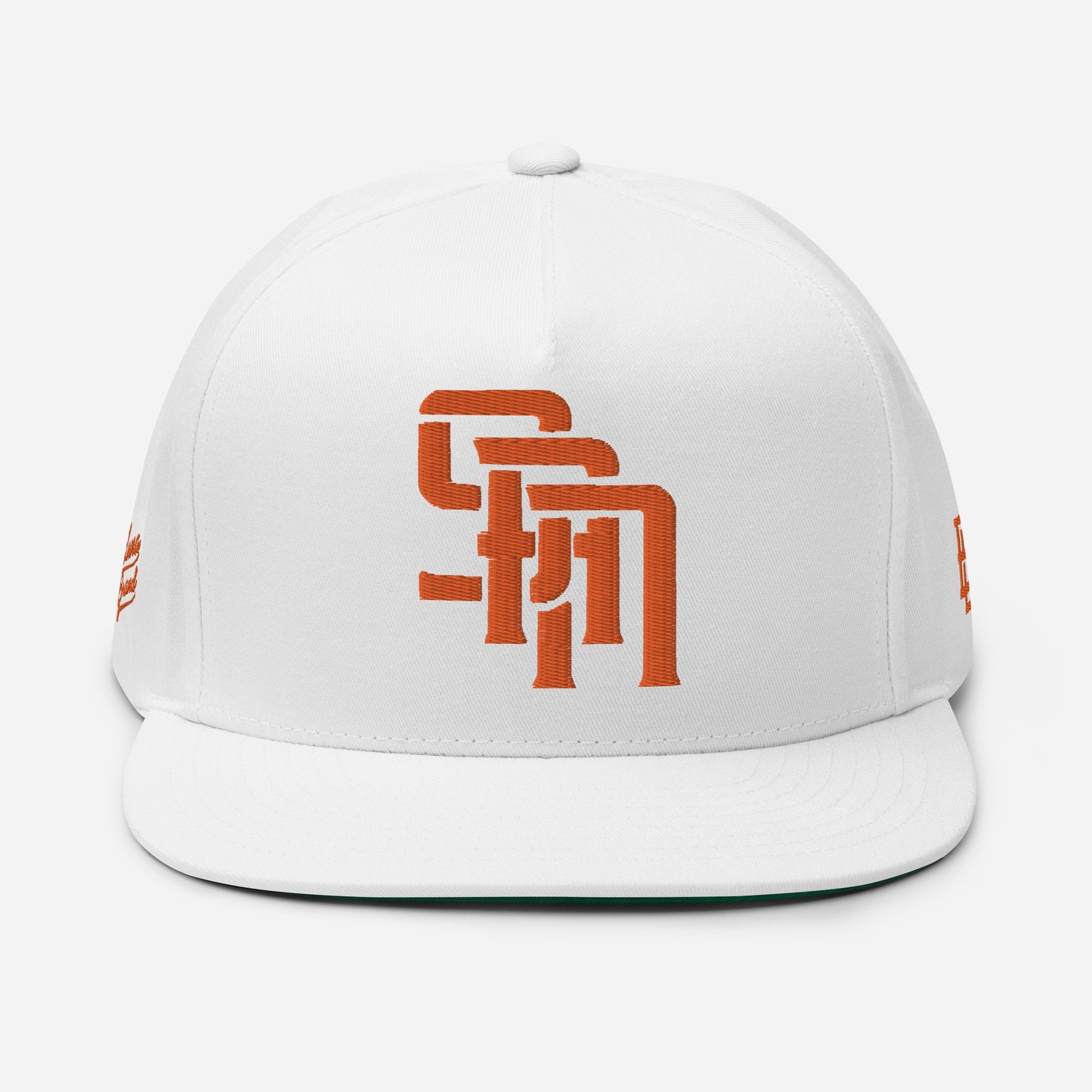 "SAN" Flat Bill Cap | Yupoong 6007 | E Luna Brand PREMIUM Quadcrest 4 Orange Thread Logos: Front, Left, Right Signature & Back [3D Puff Edition]