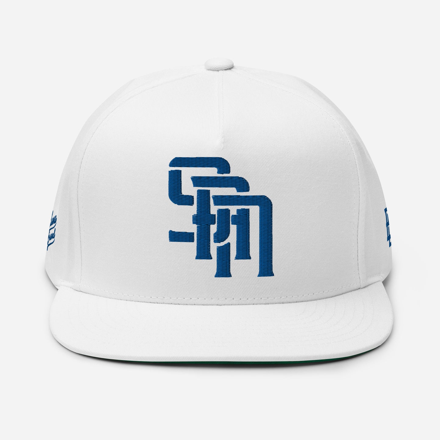 "SAN" Flat Bill Cap | Yupoong 6007 | E Luna Brand PREMIUM Quadcrest 4 Royal Thread Logos: Front, Left, Right Signature & Back [3D Puff Edition]