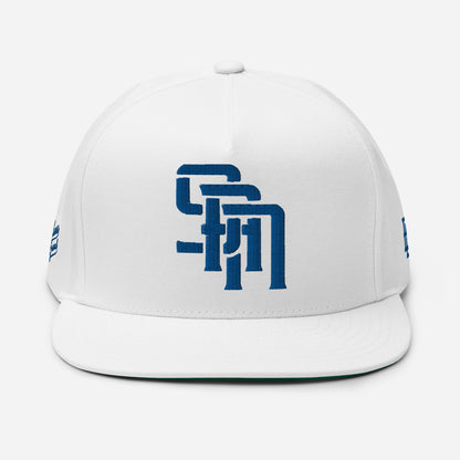 "SAN" Flat Bill Cap | Yupoong 6007 | E Luna Brand PREMIUM Quadcrest 4 Royal Thread Logos: Front, Left, Right Signature & Back [3D Puff Edition]