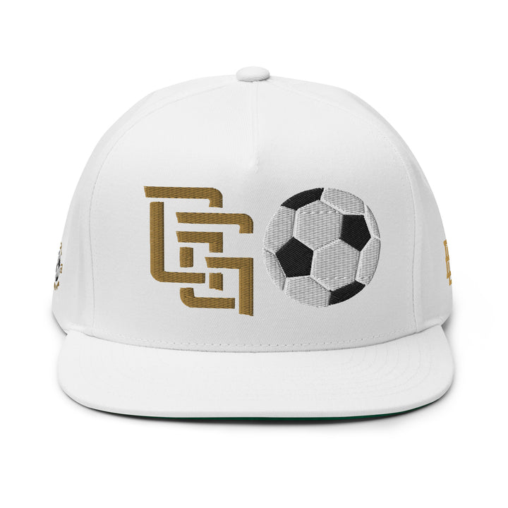 "GG" Soccer Ball Edition Flat Bill Cap | E Luna Brand PREMIUM | 5 Old Gold, White & Black Thread Logos