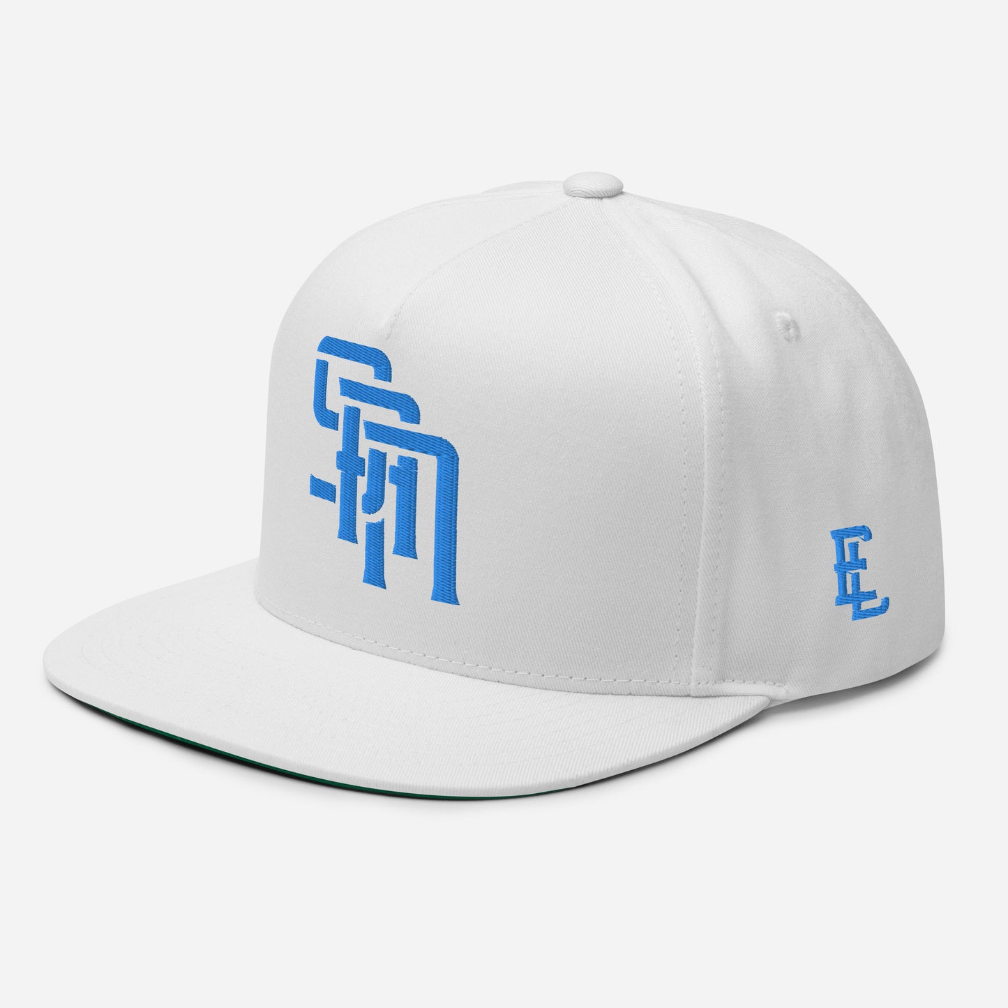 "SAN" Flat Bill Cap | Yupoong 6007 | E Luna Brand ESSENTIAL Duocrest 2 Aqua/Teal Thread Logos: Front & Left