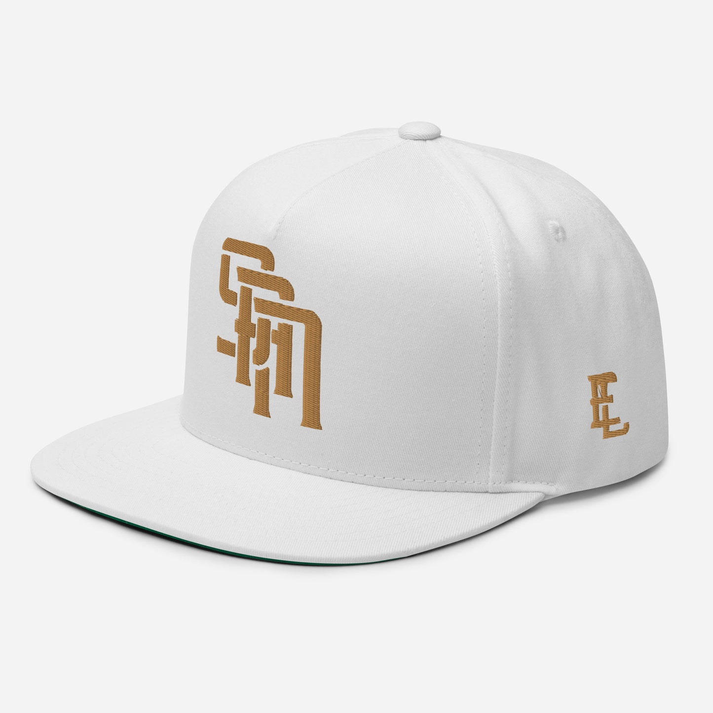 "SAN" Flat Bill Cap | Yupoong 6007 | E Luna Brand SELECT Tricrest 3 Old Gold Thread Logos: Front, Left & Back [3D Puff Edition]