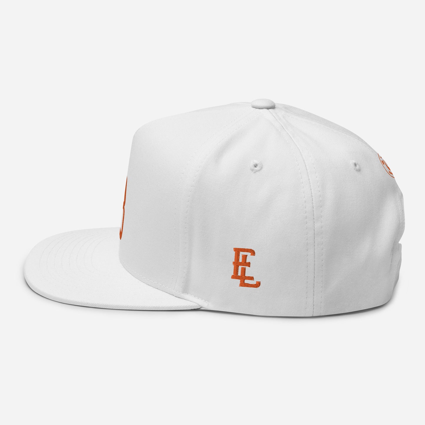 "213" Flat Bill Cap | Yupoong 6007 | E Luna SELECT Tricrest 3 Orange Thread Front, Left Side & Back Logos