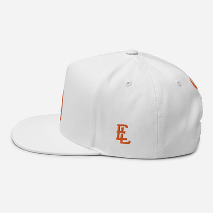 "SAN" Flat Bill Cap | Yupoong 6007 | E Luna Brand PREMIUM Quadcrest 4 Orange Thread Logos: Front, Left, Right Signature & Back [3D Puff Edition]