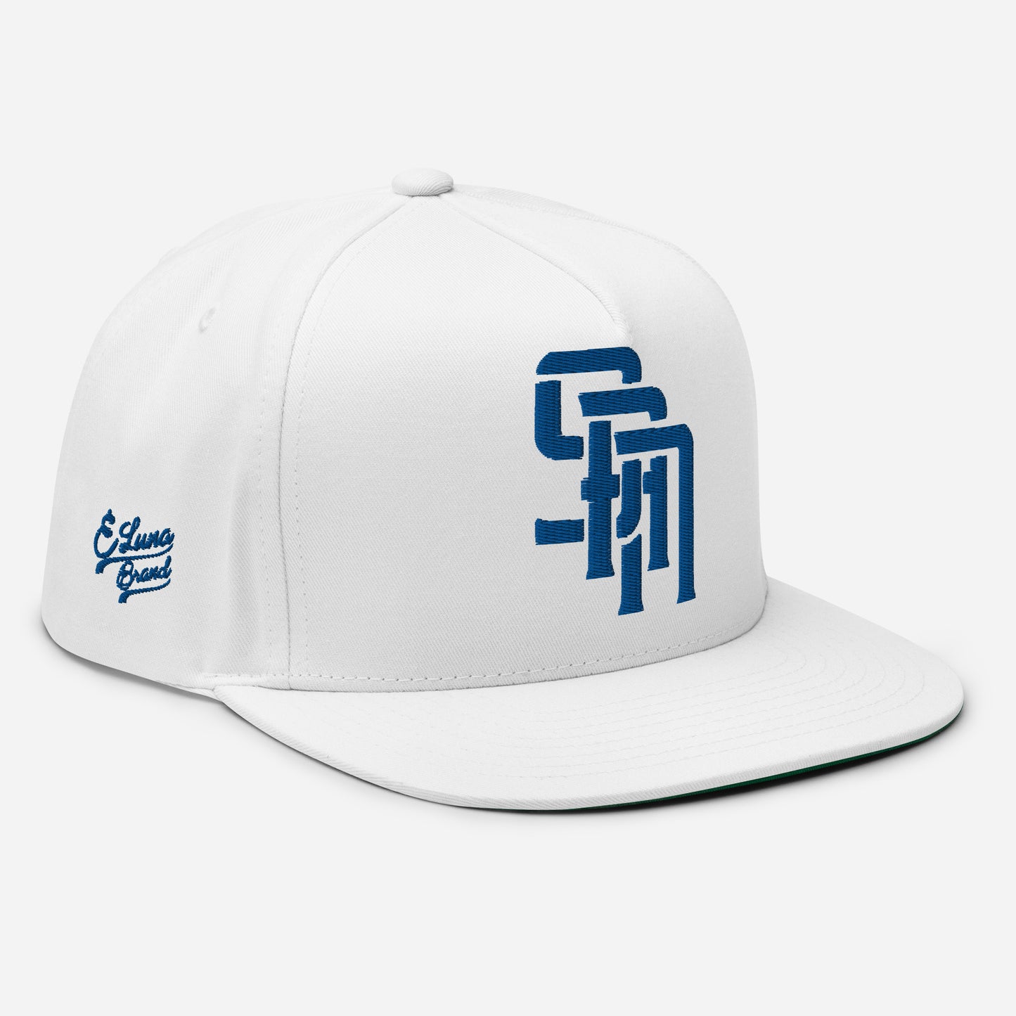"SAN" Flat Bill Cap | Yupoong 6007 | E Luna Brand PREMIUM Quadcrest 4 Royal Thread Logos: Front, Left, Right Signature & Back [3D Puff Edition]