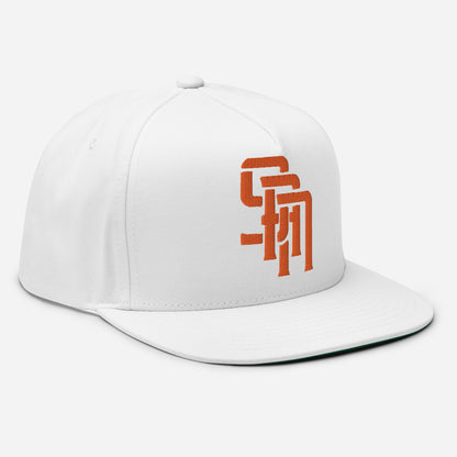 "SAN" Flat Bill Cap | Yupoong 6007 | E Luna Brand SELECT Tricrest 3 Orange Thread Logos: Front, Left & Back [3D Puff Edition]