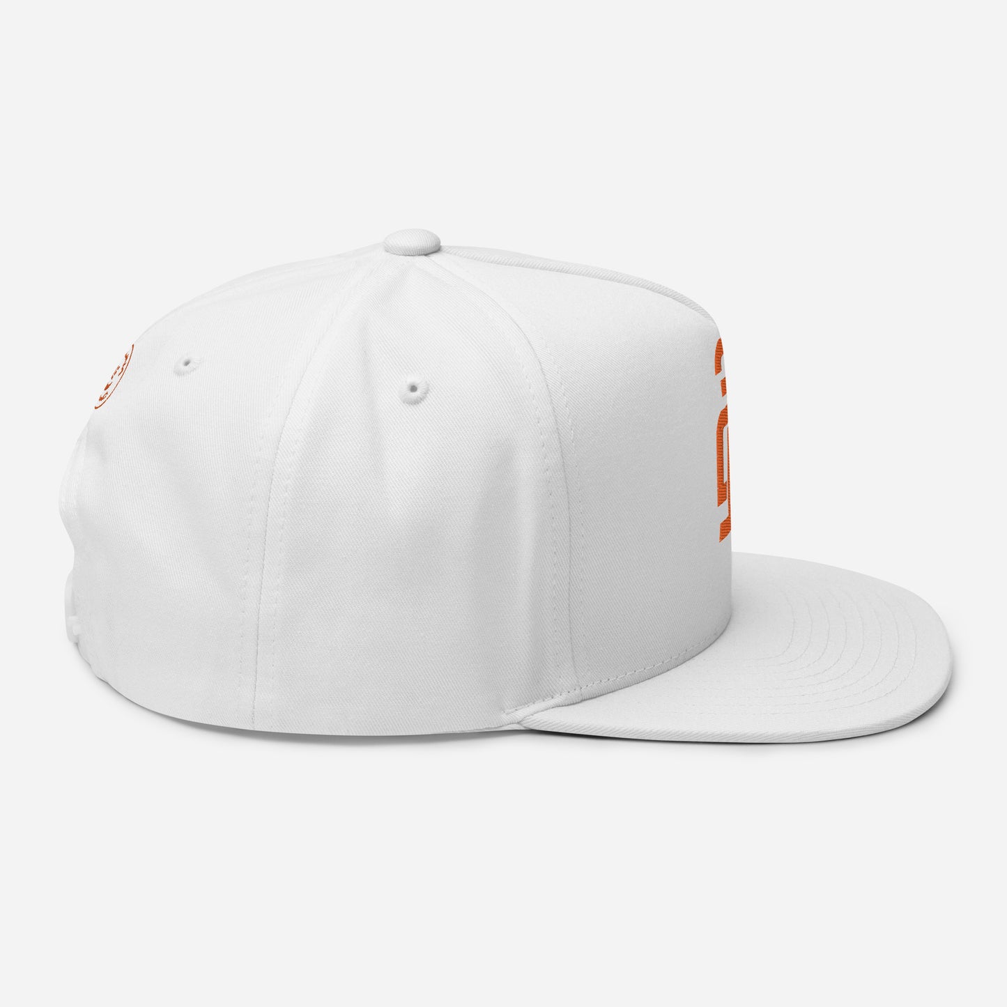 "213" Flat Bill Cap | Yupoong 6007 | E Luna SELECT Tricrest 3 Orange Thread Front, Left Side & Back Logos