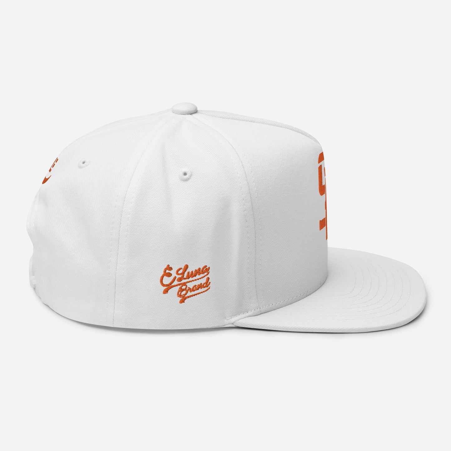 "SAN" Flat Bill Cap | Yupoong 6007 | E Luna Brand PREMIUM Quadcrest 4 Orange Thread Logos: Front, Left, Right Signature & Back [3D Puff Edition]