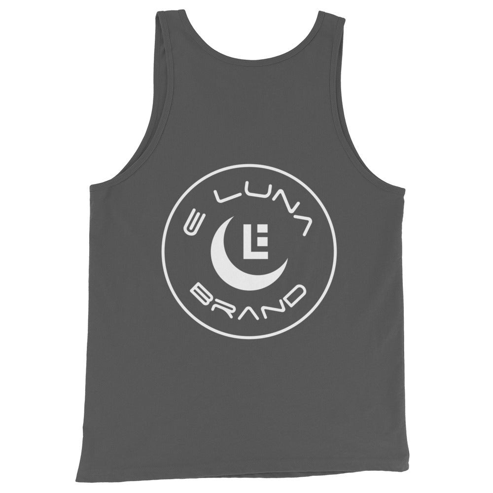 "SAN" Men’s Staple Tank Top | Bella + Canvas 3480 | E Luna Brand CHOICE Duocrest 2 White Logos: Front Upper Left & Back (Large)