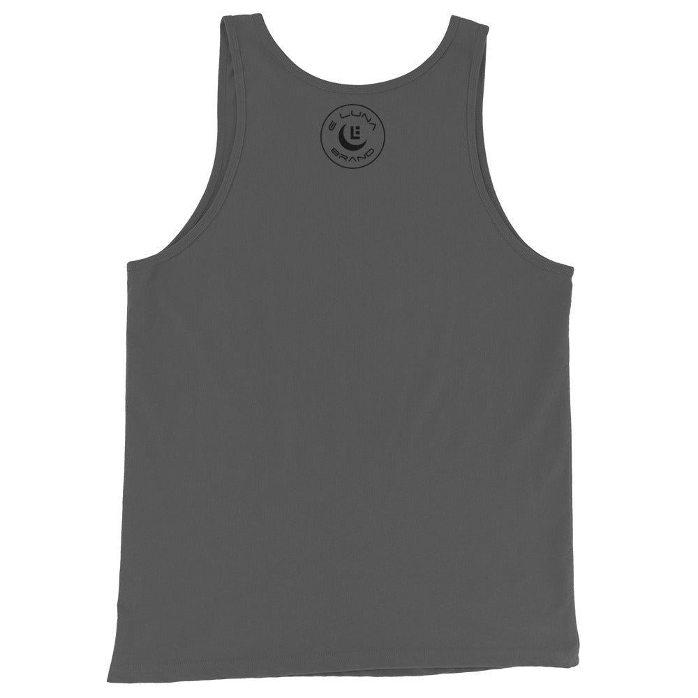 "213" Men’s Staple Tank Top | Bella + Canvas 3480 | 2 Black Logos Including Outside Back Label Logo