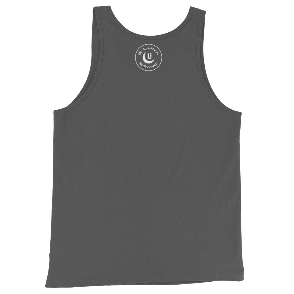 Camiseta de tirantes básica para hombre "BXR" | Bella + Canvas 3480 | E Luna Brand CHOICE Duocrest 2 logotipos blancos: delantero central (grande) y etiqueta trasera exterior