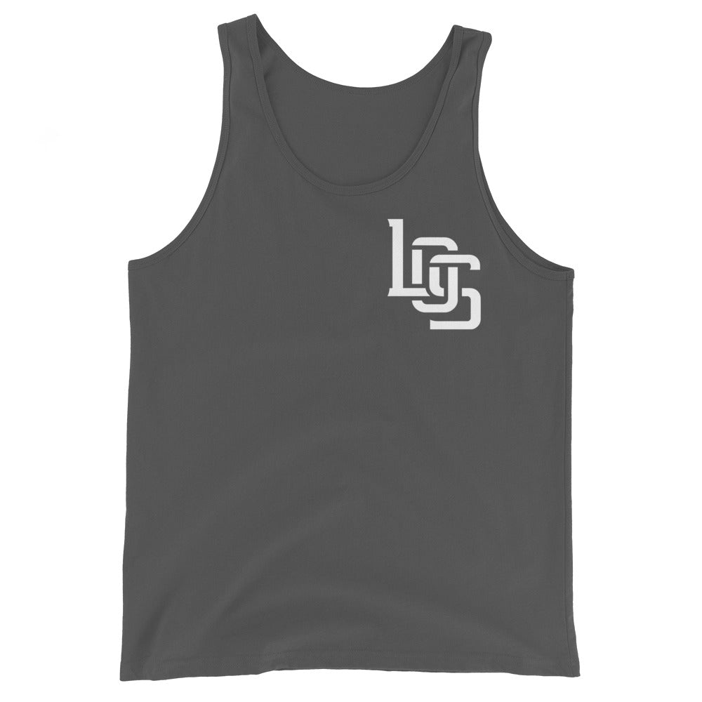 "LOS" Men’s Staple Tank Top | Bella + Canvas 3480 | 2 White Logos Including Outside Back Label Logo