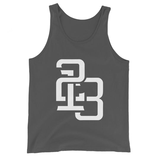 "213" Men’s Staple Tank Top | Bella + Canvas 3480 | 2 White Logos Including Large Back Logo