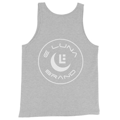 "ANG" Men’s Staple Tank Top | Bella + Canvas 3480 | E Luna Brand CHOICE Duocrest 2 White Logos: Front Upper Left & Back (Large)