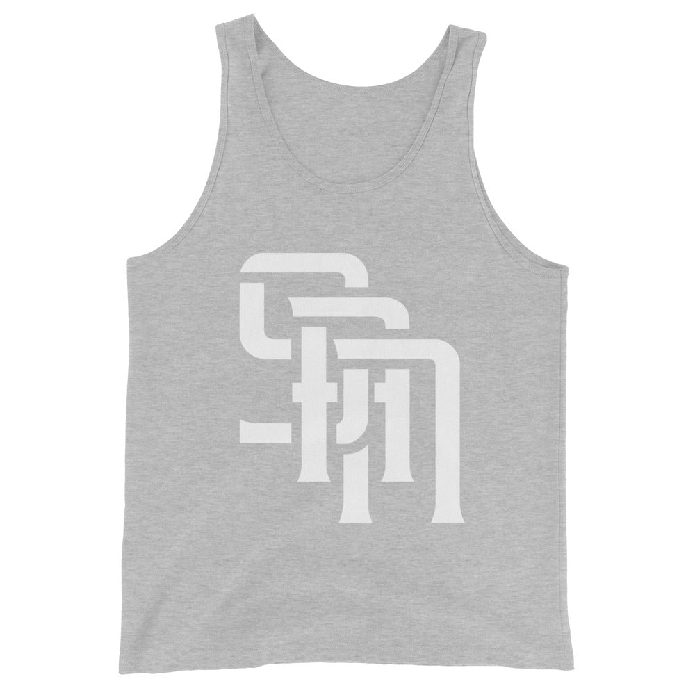 "SAN" Men’s Staple Tank Top | E Luna Brand CHOICE | 2 White Logos: Front & Outside Back Label