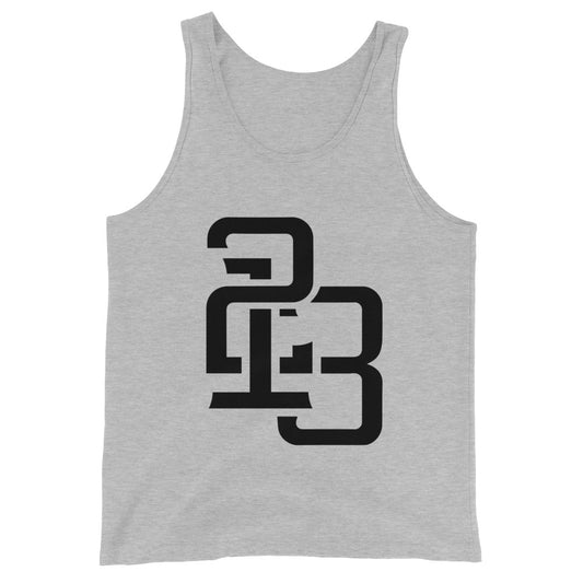 "213" Men’s Staple Tank Top | Bella + Canvas 3480 | 2 Black Logos Including Outside Back Label Logo