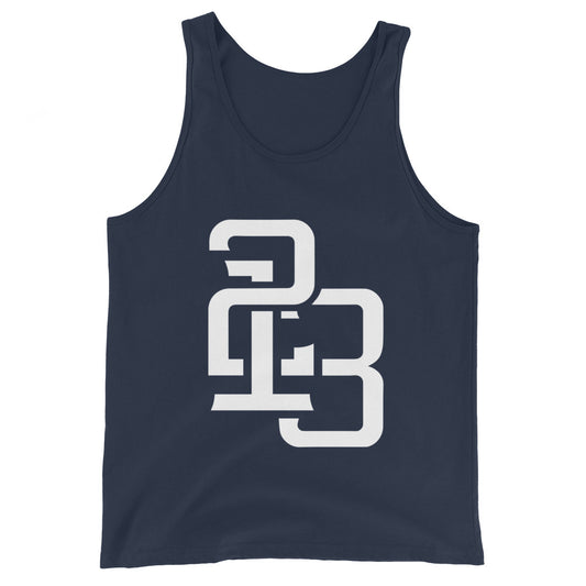 "213" Men’s Staple Tank Top | Bella + Canvas 3480 | 2 White Logos Including Outside Back Label Logo