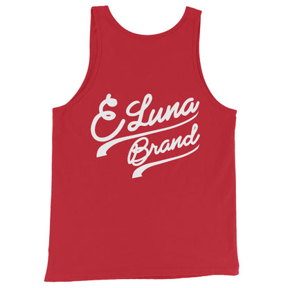 "ANG" Men’s Staple Tank Top | Bella + Canvas 3480 | E Luna Brand CHOICE Duocrest 2 White Logos: Front Upper Left & Back Signature (Large)