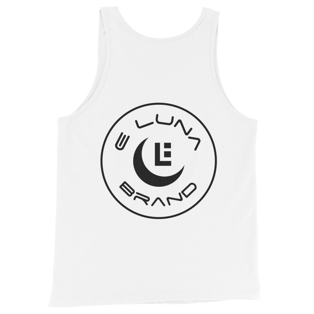 "SAN" Men’s Staple Tank Top | Bella + Canvas 3480 | E Luna Brand CHOICE Duocrest 2 Black Logos: Front Upper Left & Back (Large)