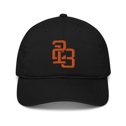 "213" Organic Baseball Cap | Econscious EC7000 | E Luna ESSENTIAL Duocrest 2 Orange Thread Front & Left Side Logos