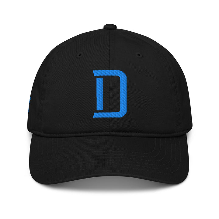"D" Organic Baseball Cap | E Luna Brand PREMIUM | 4 Aqua/Teal Thread Logos | 3D Puff Edition
