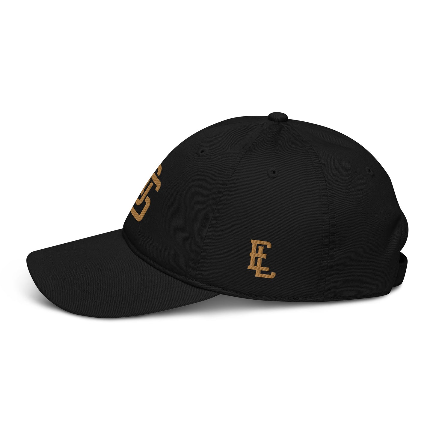 "LOS" Organic Baseball Cap | Econscious EC7000 | E Luna ESSENTIAL Duocrest 2 Old Gold Thread Front & Left Side Logos