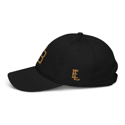 "213" Organic Baseball Cap | Econscious EC7000 | E Luna SELECT Duocrest 3 Old Gold Thread Front, Left Side & Back Logos