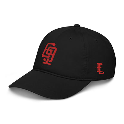 "619" Organic Baseball Cap | Econscious EC7000 | E Luna SELECT Tricrest 3 Red Thread Front, Left Side & Back Logos