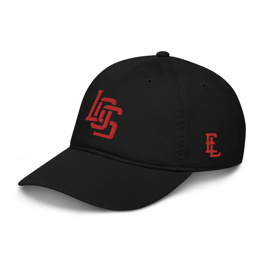 "LOS" Organic Baseball Cap | Econscious EC7000 | E Luna SELECT Tricrest 3 Red Thread Front, Left Side & Back Logos