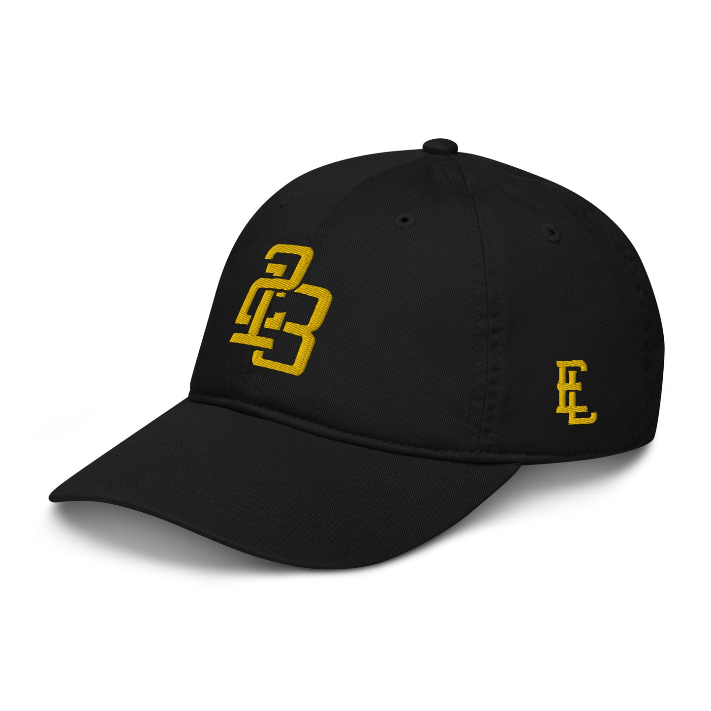 "213" Organic Baseball Cap | Econscious EC7000 | E Luna SELECT Duocrest 3 Gold Thread Front, Left Side & Back Logos