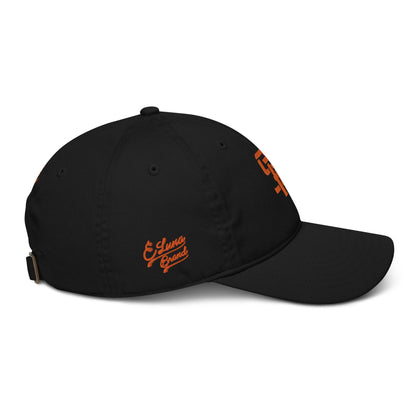 "SAN" Organic Baseball Cap | Econscious EC7000 | E Luna Brand PREMIUM Quadcrest 4 Orange Thread Logos: Front, Left, Right Signature & Back [3D Puff Edition]