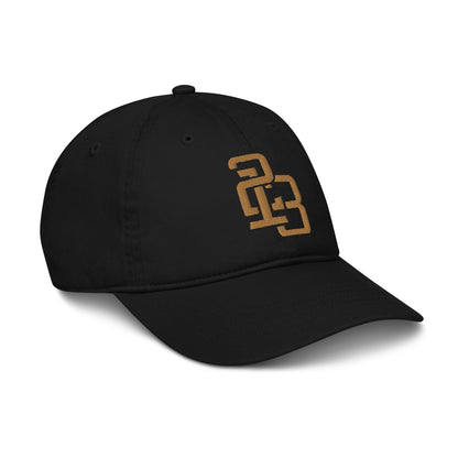 "213" Organic Baseball Cap | Econscious EC7000 | E Luna SELECT Duocrest 3 Old Gold Thread Front, Left Side & Back Logos