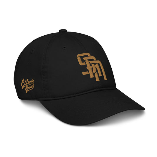 "SAN" Organic Baseball Cap | Econscious EC7000 | E Luna Brand PREMIUM Quadcrest 4 Old Gold Thread Logos: Front, Left, Right Signature & Back [3D Puff Edition]