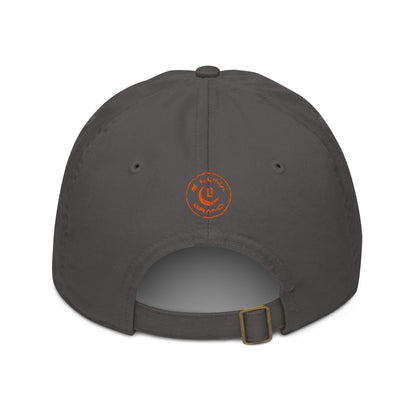 "213" Organic Baseball Cap | Econscious EC7000 | E Luna SELECT Duocrest 3 Orange Thread Front, Left Side & Back Logos