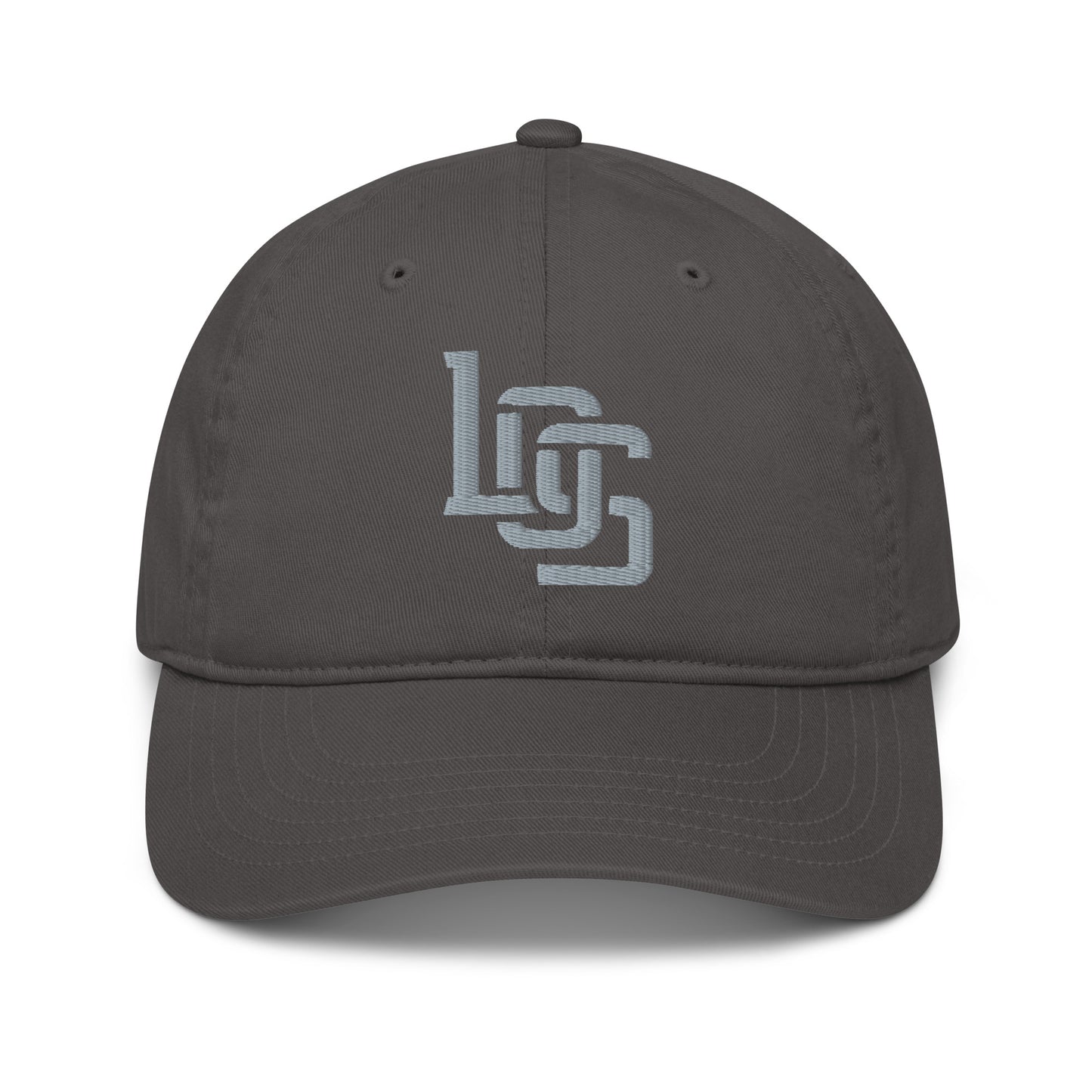 "LOS" Organic Baseball Cap | Econscious EC7000 | E Luna SELECT Tricrest 3 Grey Thread Front, Left Side & Back Logos