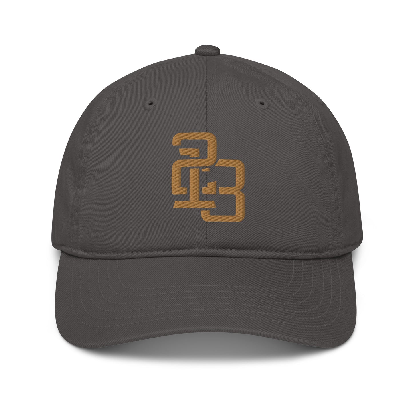 "213" Organic Baseball Cap | Econscious EC7000 | E Luna SELECT Duocrest 3 Old Gold Thread Front, Left Side & Back Logos